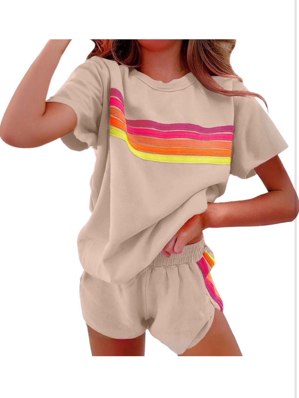 Rainbow Striped 2 Piece Lounge Top Shorts Set